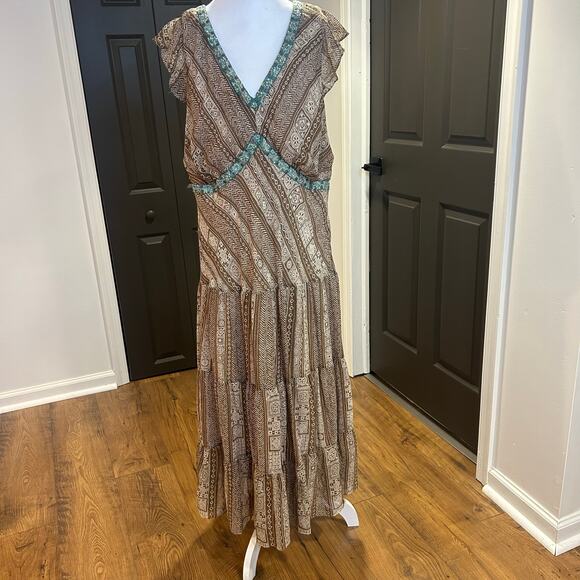 Sangria Dresses & Skirts - SANGRIA WOMAN Sz 18 Silk Vintage Babydoll Maxi Aqua Bead Tiered Phoebe Buffay